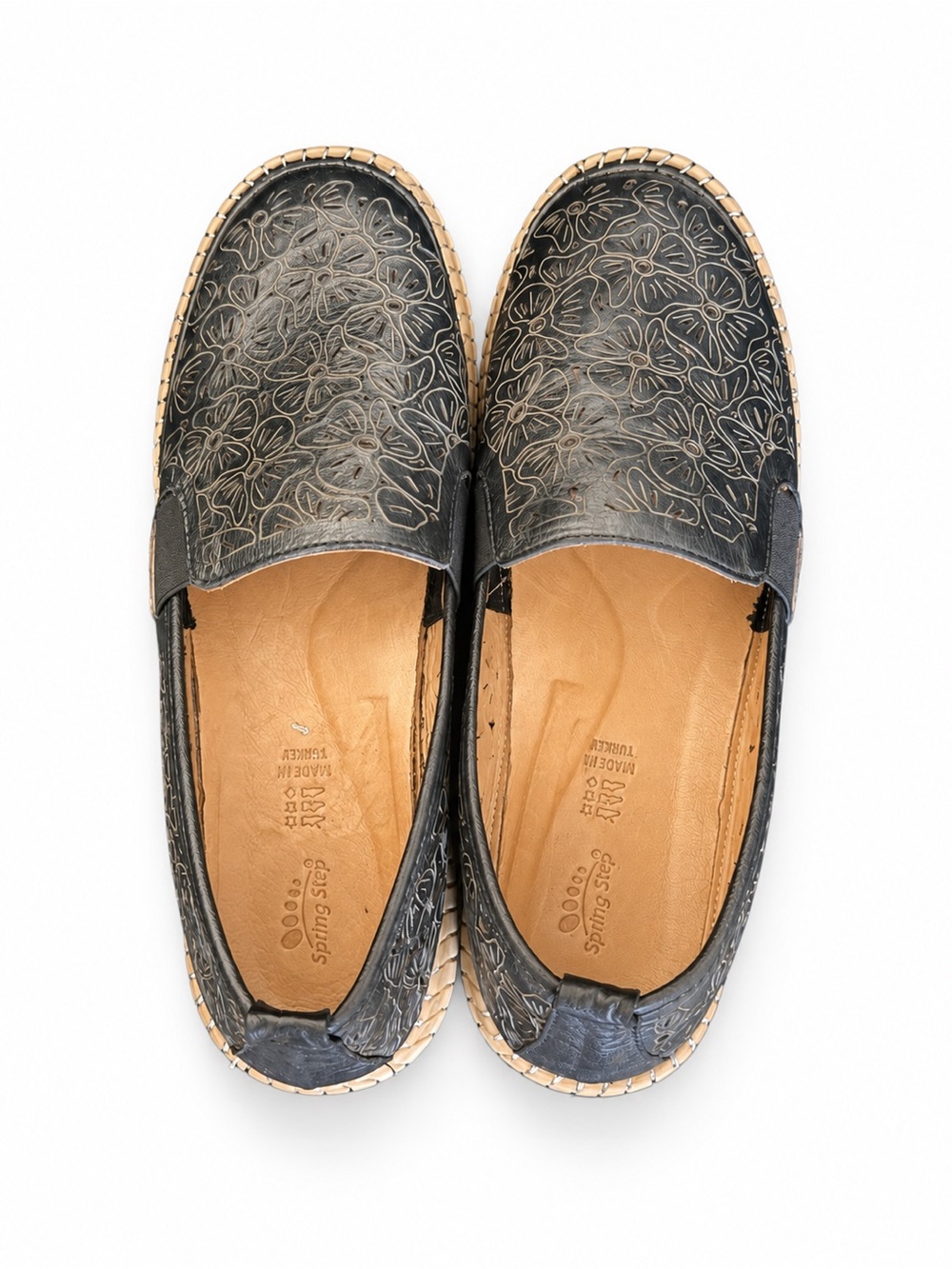 Spring Step Black Floral-Embossed Slip-On Loafers